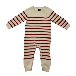 BABY GAP Stripe Knit Romper in Red & Ivory White 12-18 Month Long Sleeves Cotton